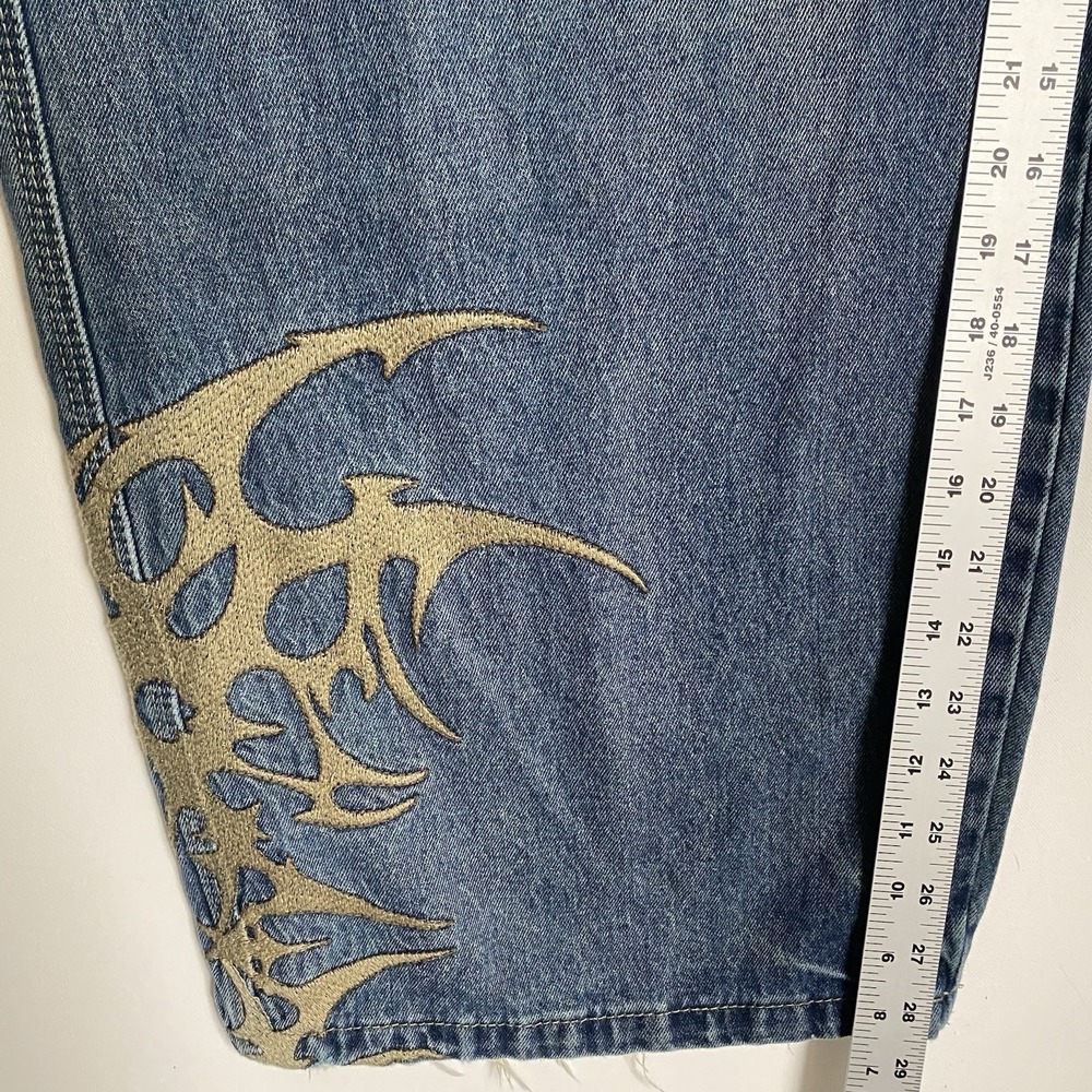 Y2K Vitriol Baggy  Jeans Men 36 Blue Embroidered Ultra-Wide Hip Hop Distressed - Picture 6 of 11